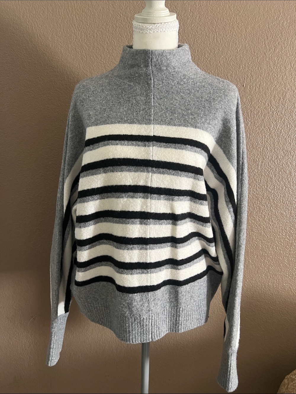 LOFT Gray, Black & Cream Striped Cowl Sweater